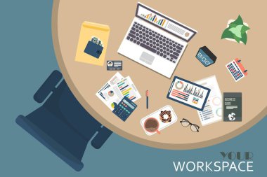 İş alanı üst görünümü. Ofis eşyaları. İş planlama ve analiz. Denetim konsepti.