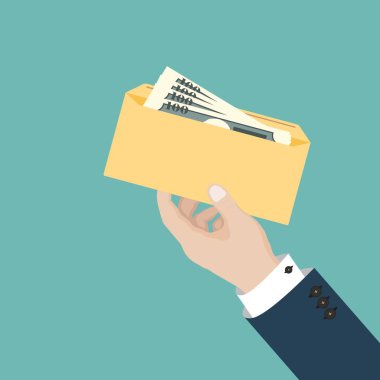 İş adamı içinde para olan bir zarf tutuyor. Düz tasarımda vektör illüstrasyonu