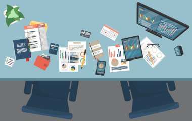 İş alanı üst görünümü. Ofis eşyaları. İş planlama ve analiz. Denetim konsepti.