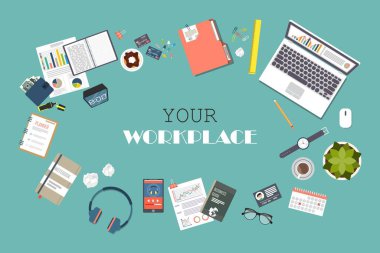 İş alanı üst görünümü. Ofis eşyaları. İş planlama ve analiz. Denetim konsepti.