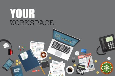 İş alanı üst görünümü. Ofis eşyaları. İş planlama ve analiz. Denetim konsepti.