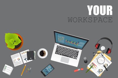 İş alanı üst görünümü. Ofis eşyaları. İş planlama ve analiz. Denetim konsepti.