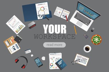 İş alanı üst görünümü. Ofis eşyaları. İş planlama ve analiz. Denetim konsepti.