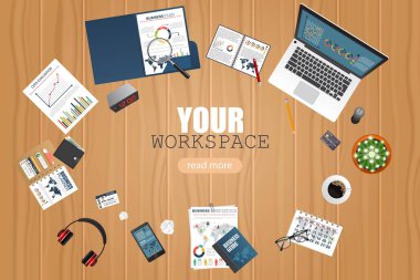 İş alanı üst görünümü. Ofis eşyaları. İş planlama ve analiz. Denetim konsepti.