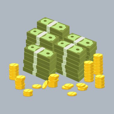 Bozuk para ve banknot koleksiyonu, para birimi, çizgi film parası. Dolar paketleri, sikkeler vektör çizimi. Düz tasarım