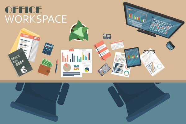 Business workspace top view. Office objects. Business planning and analyzing. Auditing concept.