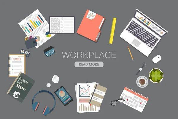 Business Workspace Vista Superior Objetos Escritório Planejamento Análise Negócios Conceito — Vetor de Stock