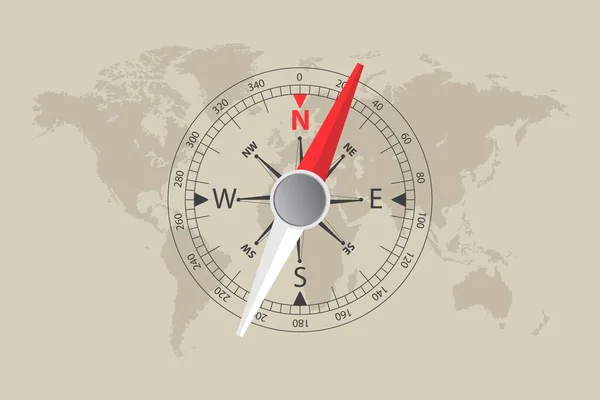 Illustration Der Weltkarte Und Des Magnetischen Kompassvektors — Stockvektor