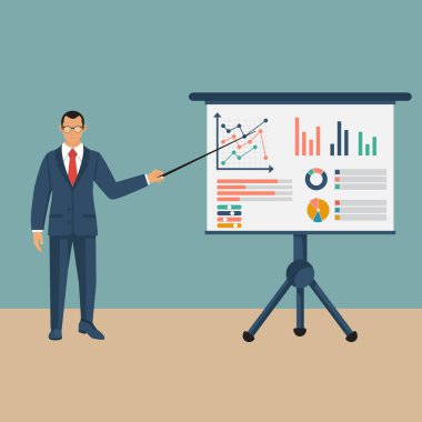 Takım elbiseli bir iş adamı elinde işaretle sunar. Finansal danışman konsepti. Grafik amrketini incele, mali raporları, şemaları incele. Muhasebeci organizasyon süreci. Vektör illüstrasyonu