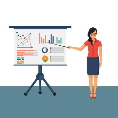 Takım elbiseli bir iş adamı elinde işaretle sunar. Finansal danışman konsepti. Grafik amrketini incele, mali raporları, şemaları incele. Muhasebeci organizasyon süreci. Vektör illüstrasyonu