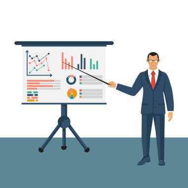 Takım elbiseli bir iş adamı elinde işaretle sunar. Finansal danışman konsepti. Grafik amrketini incele, mali raporları, şemaları incele. Muhasebeci organizasyon süreci. Vektör illüstrasyonu