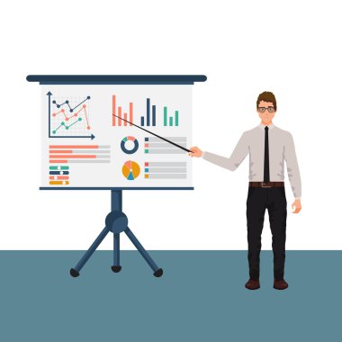 Takım elbiseli bir iş adamı elinde işaretle sunar. Finansal danışman konsepti. Grafik amrketini incele, mali raporları, şemaları incele. Muhasebeci organizasyon süreci. Vektör illüstrasyonu