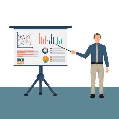 Takım elbiseli bir iş adamı elinde işaretle sunar. Finansal danışman konsepti. Grafik amrketini incele, mali raporları, şemaları incele. Muhasebeci organizasyon süreci. Vektör illüstrasyonu