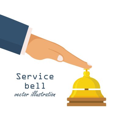 Servis çanı konsepti. Resepsiyondaki müşteri çağrı düğmesine basıyor. Bell Oteli. Düz tasarımda vektör illüstrasyonu.
