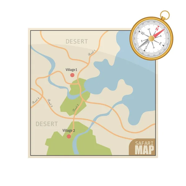 Safari Mapa Magnetický Kompas Vektor Ilustrace Izolované Bílém Pozadí — Stockový vektor