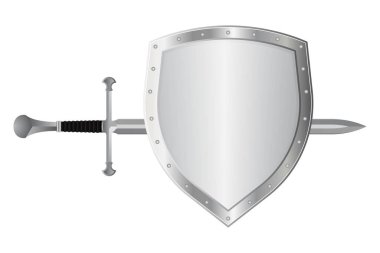 Ortaçağ kılıcı ve kalkan vektör çizimi beyaz arkaplanda izole edildi