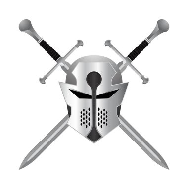 Beyaz arkaplanda izole edilmiş miğfer vektör çizimi ile çapraz kılıçlar