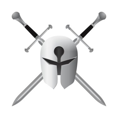 Beyaz arka planda izole edilmiş miğfer vektör illüstrasyonlu çapraz kılıçlar ve beyaz arkaplanda izole edilmiş kask vektör çizimi.