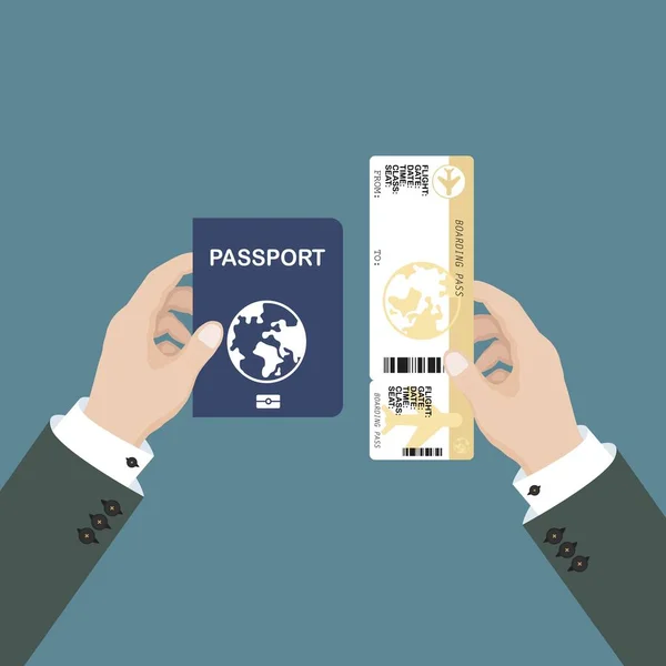 Pasaporte Tarjeta Embarque Manos Hombre Negocios Ilustración Vectorial Estilo Plano — Vector de stock