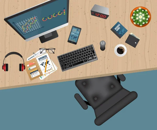 Business Workspace Vista Superior Objetos Escritório Planejamento Análise Negócios Conceito —  Vetores de Stock