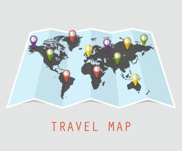 Conceito Mapa Viagem Mundial Ilustração Vetorial Design Plano — Vetor de Stock