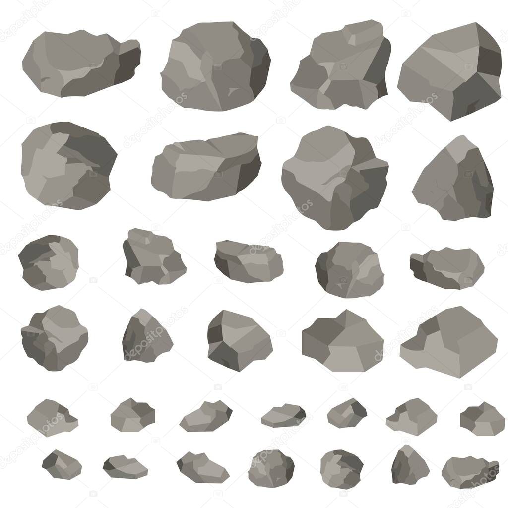 Rock and stones cartoon, vector illustration isolated on white background. Large and small stones in isometric 3d flat style