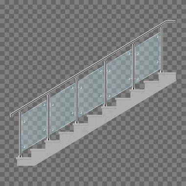 Şeffaf arkaplanda cam tırabzan vektör çizimi olan merdivenler izole edildi