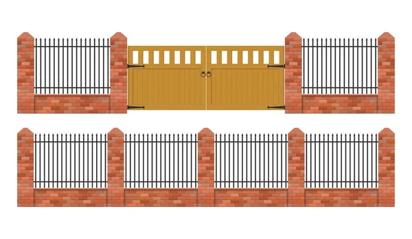 Valla Ladrillo Con Ilustración Vectores Puertas Madera Aislada Sobre Fondo — Archivo Imágenes Vectoriales