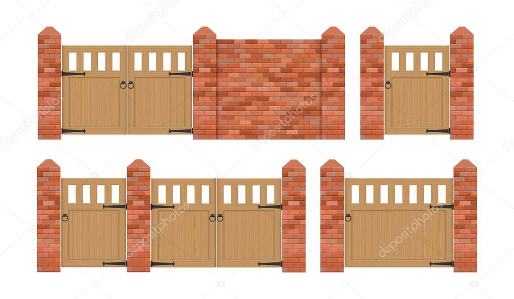 Brick fence with wooden gate vector illustration isolated on white background