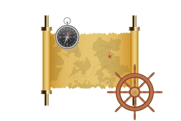 Карта Скарбів Корабельне Колесо Магнітний Компас Векторні Ілюстрації — стоковий вектор