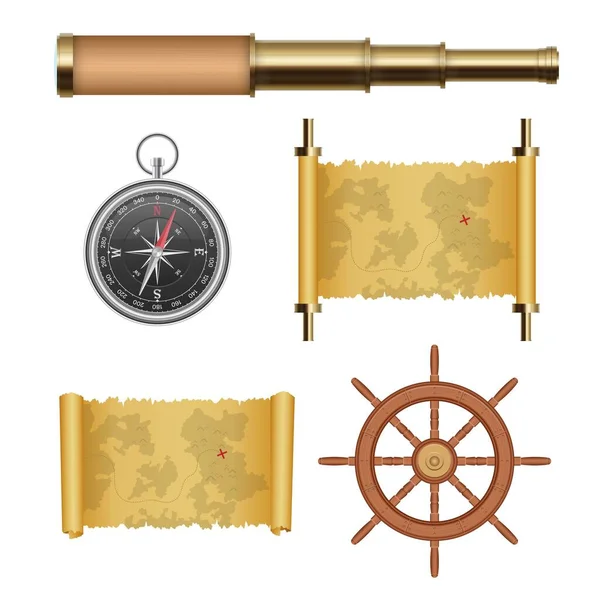 Mare Pirata Oggetti Set Vettoriale Illustrazione Isolato Sfondo Bianco — Vettoriale Stock