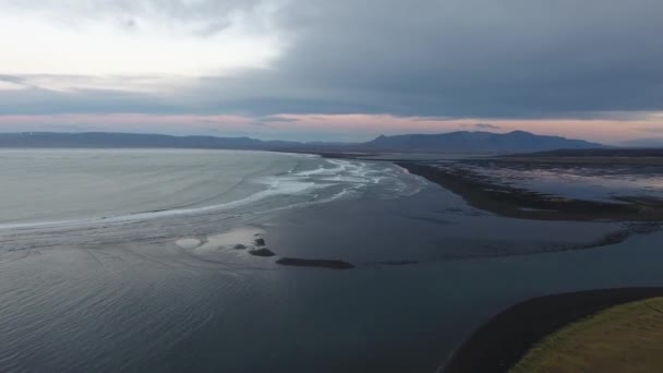 Aerial Drone Shot Flying River Iceland Black Sand Sunset Cloudy — Stock Video