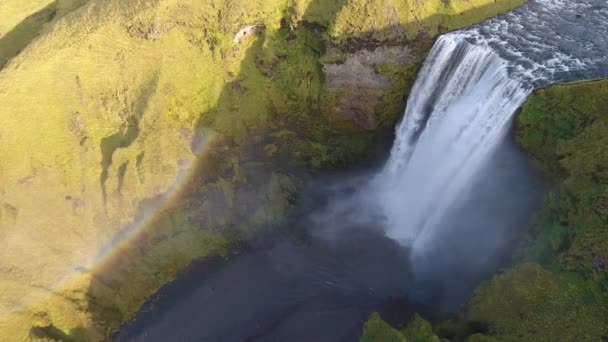 アイスランドの有名なスコガフォス滝上空を飛行する空中ドローン撮影虹の晴れた日中高度飛行 — ストック動画