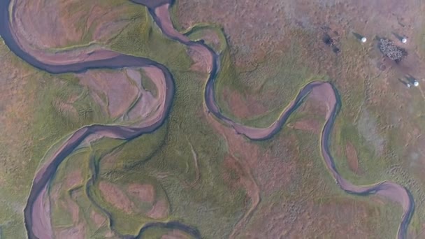 Повітряний Безпілотний Знімок Річкових Ліній Монгольських Степах Нахил Юрті — стокове відео