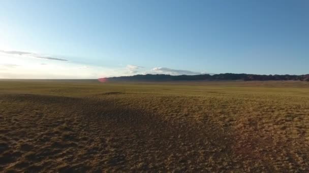 在戈壁沙漠的草原上空发射无人驾驶飞机 — 图库视频影像