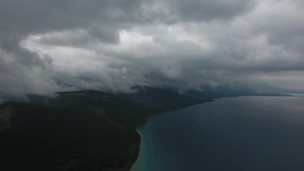 Aerial Drone Shot Slow Timelapse Stationary Cloudy Lake Mongolia — 비디오