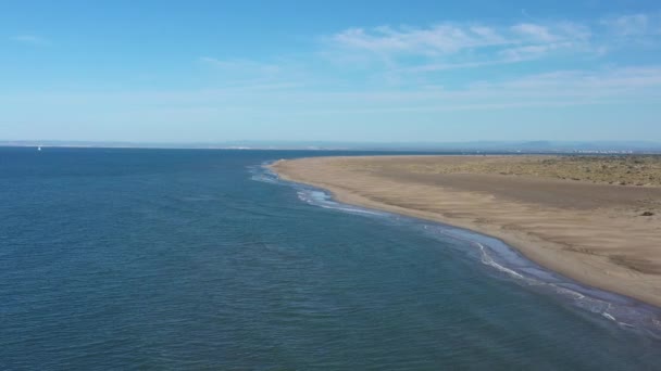 Aerial Flying Mediterranean Sea Shore Espiguette Large Sandy Beach Desert — Stock Video
