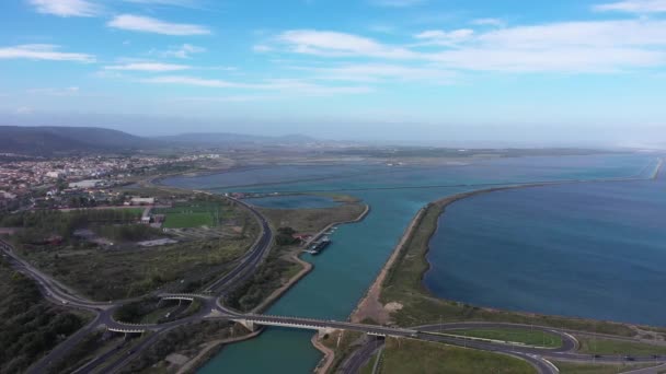Flygfoto Frontignan Languedocs Kust Med Kanal Och Kustdamm Kommunikation Med — Stockvideo