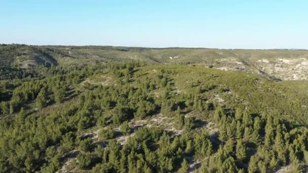 Antenn Skott Skog Kulle Söder Frankrike Torrt Landskap Sommar Solnedgång — Stockvideo