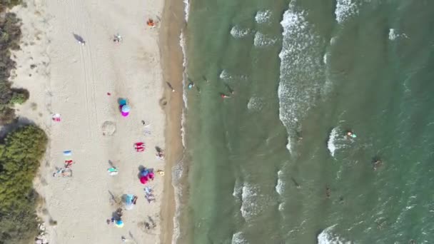 地中海海滨海滩的空中拍摄与人们一起度假的夏季游客法国南部 — 图库视频影像