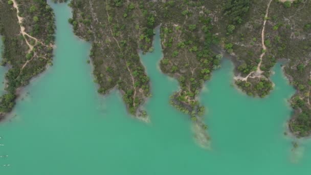 Закрыть Высокий Аэрофотоснимок Берега Озера Деревьями Тропинкой Франция Var — стоковое видео