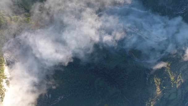 Vista Vertical Del Dron Sobre Acantilado Bosque Con Nubes Matutinas — Vídeos de Stock