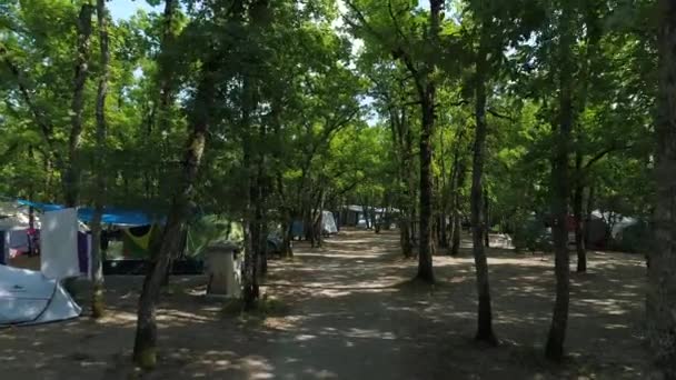 フランスのキャンプ場で木とテントの間を飛ぶドローンの眺め晴れた日 — ストック動画