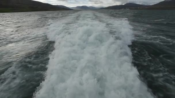 Espuma Trás Barco Iceland Dia Nublado Câmera Lenta — Vídeo de Stock