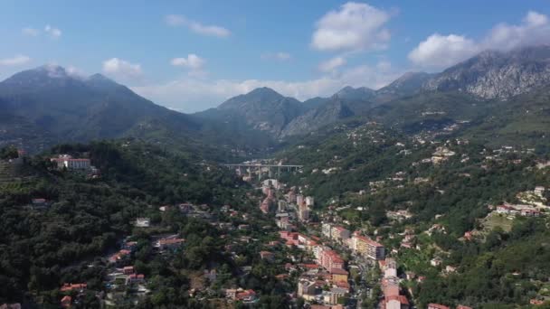French Alps Menton Bridge Crossing Valley Residential Area Sunny Day — Stock Video