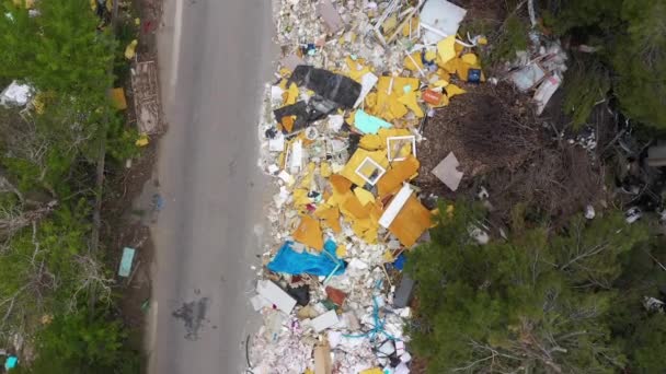 Garbages Asphalt Road Unauthorized Dumping Aerial Drone View France — Stock Video