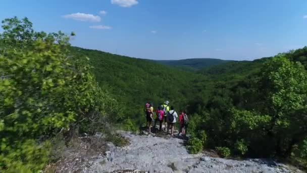 Groep Wandelaars Voor Een Panorama Het Bos Drone View — Stockvideo