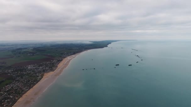 Mulberry Harbour Artificial Port Aerial Drone View Arromanches Invasion Normandy — Stock Video