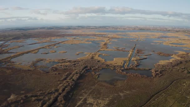 Natuurlijk Moeras Wetland Gebied Antenne Drone Uitzicht Zonsondergang Tijd Vendres — Stockvideo