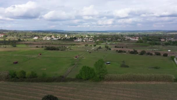 Peaceful Rural Area France Vineyards Crop Fields Cloudy Day Aerial — Stock Video